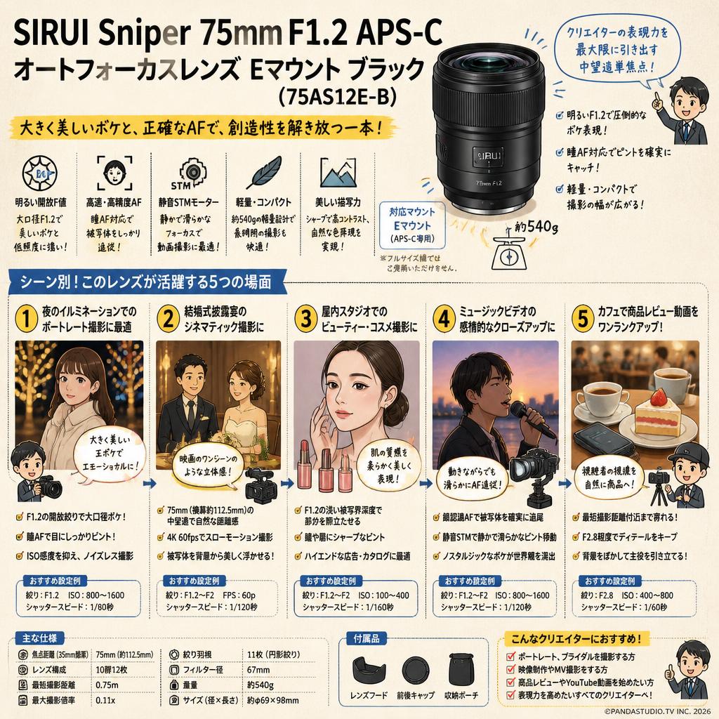 SIRUI Sniper 75mm F1.2 APS-C オートフォーカスレンズ  Eマウント ブラック（ 75AS12E-B ) 用途