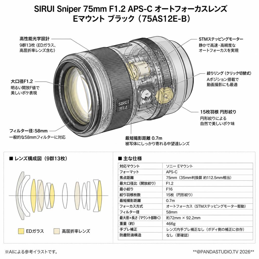 SIRUI Sniper 75mm F1.2 APS-C オートフォーカスレンズ  Eマウント ブラック（ 75AS12E-B ) スペック
