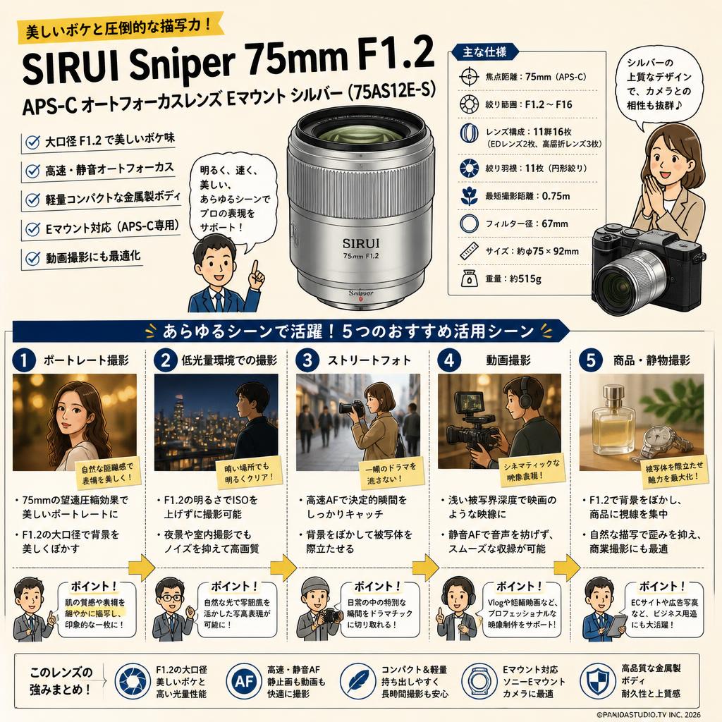 SIRUI Sniper 75mm F1.2 APS-C オートフォーカスレンズ Eマウント シルバー ( 75AS12E-S ) 用途