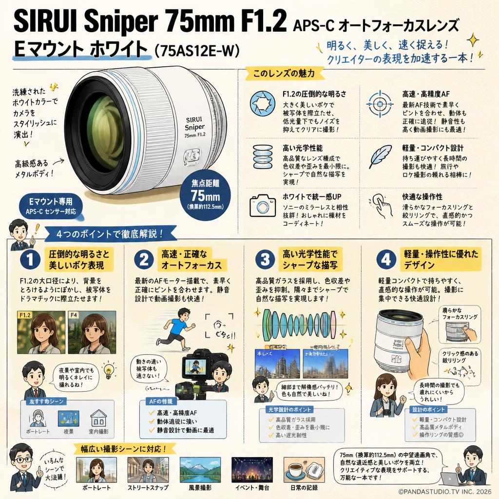 SIRUI Sniper 75mm F1.2 APS-C オートフォーカスレンズ  Eマウント ホワイト ( 75AS12E-W ) 概要