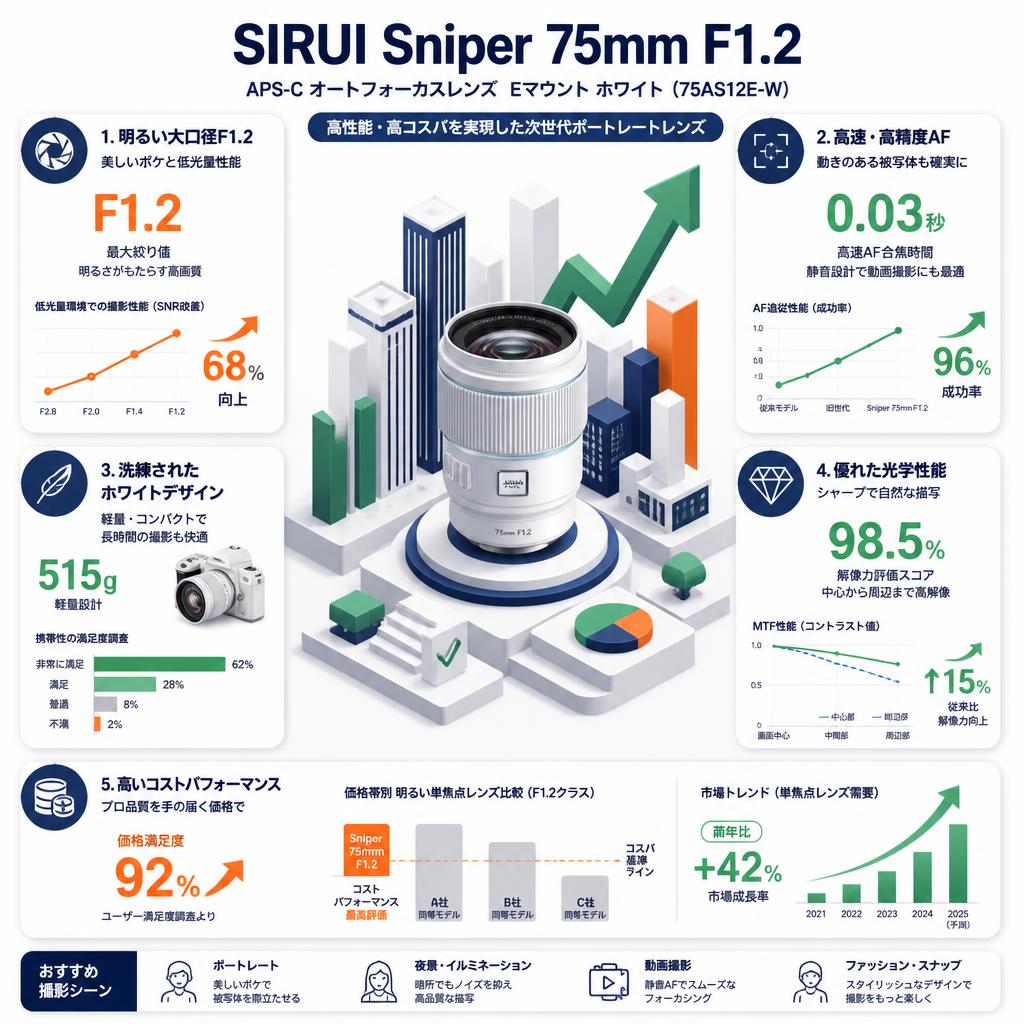 SIRUI Sniper 75mm F1.2 APS-C オートフォーカスレンズ  Eマウント ホワイト ( 75AS12E-W ) セールスポイント