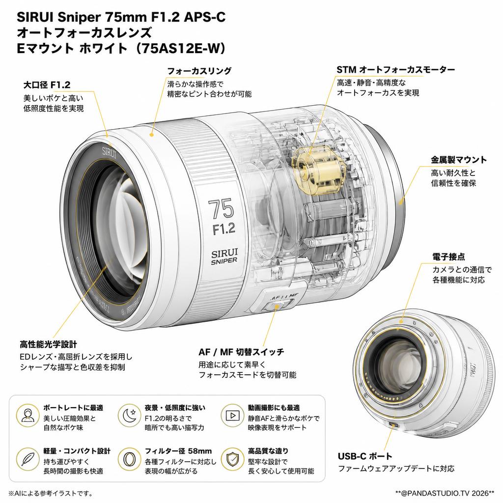 SIRUI Sniper 75mm F1.2 APS-C オートフォーカスレンズ  Eマウント ホワイト ( 75AS12E-W ) スペック