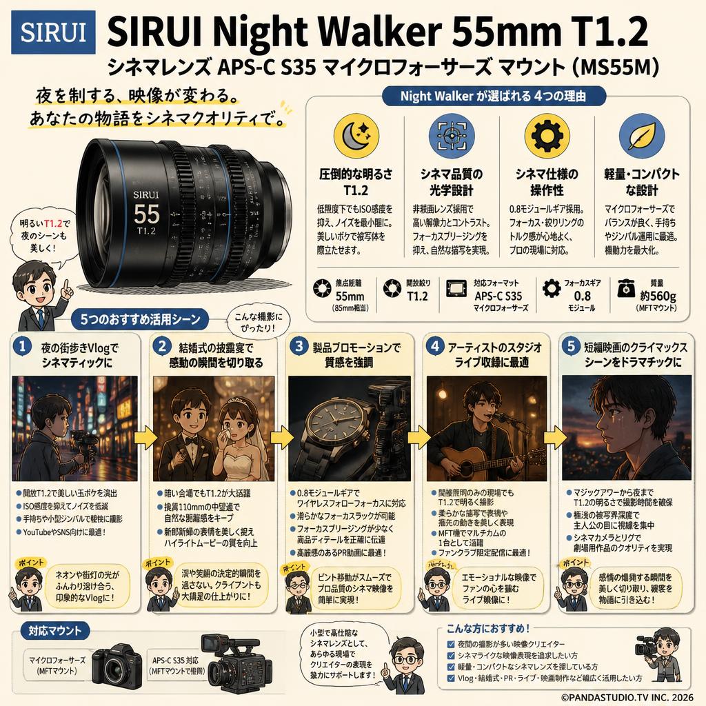 SIRUI Night Walker 55mm T1.2 シネマレンズ APS-C S35 マイクロフォーサーズ マウント ( MS55M ) 用途