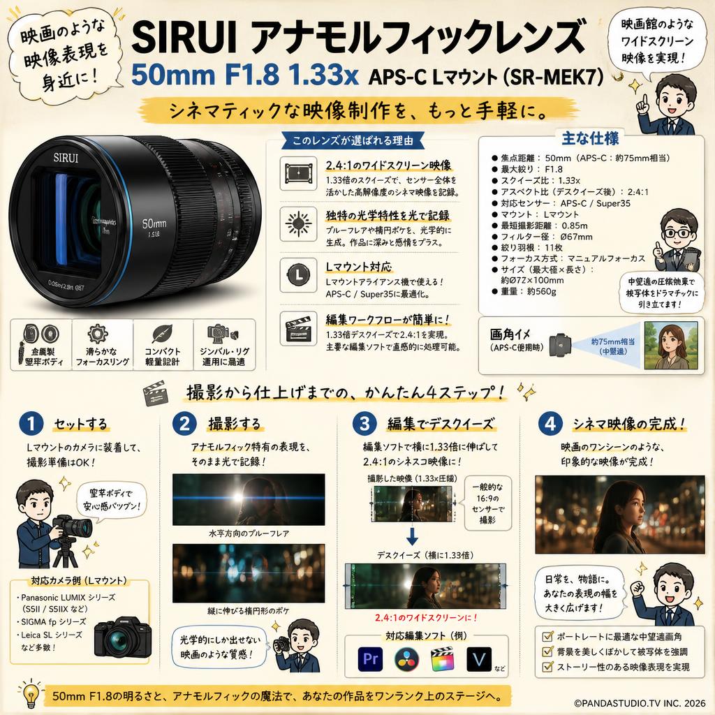 SIRUI アナモルフィックレンズ 50mm F1.8 1.33x APS-C Lマウント ( SR-MEK7 ) 概要
