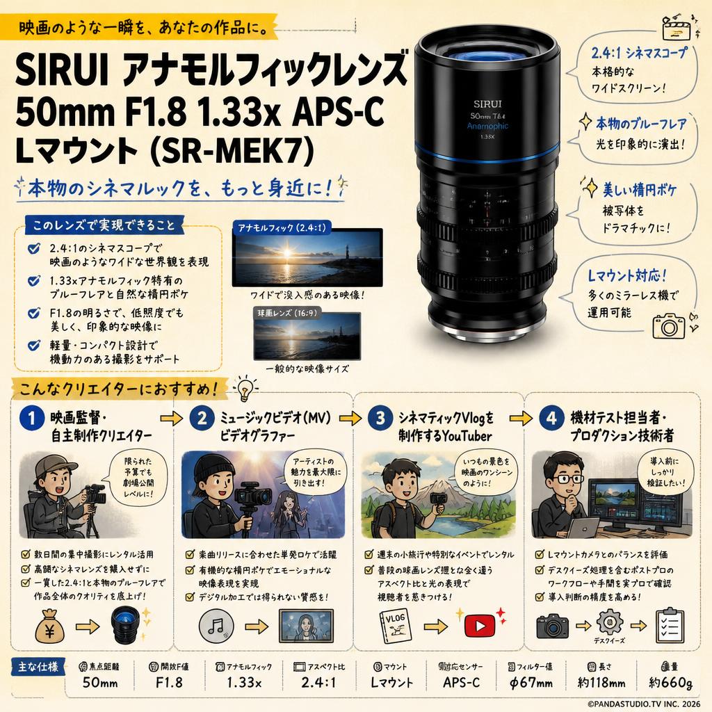 SIRUI アナモルフィックレンズ 50mm F1.8 1.33x APS-C Lマウント ( SR-MEK7 ) おもな対象のお客様