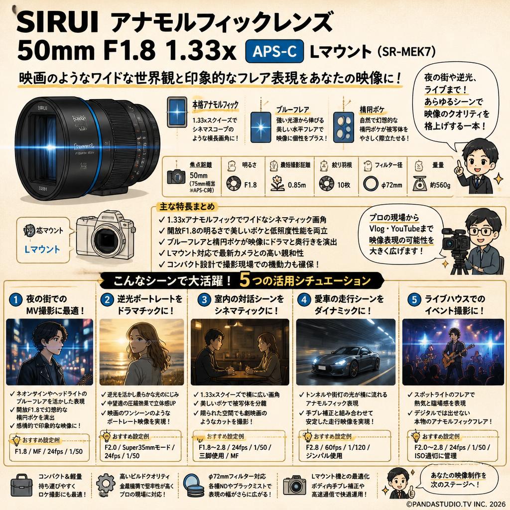 SIRUI アナモルフィックレンズ 50mm F1.8 1.33x APS-C Lマウント ( SR-MEK7 ) 用途