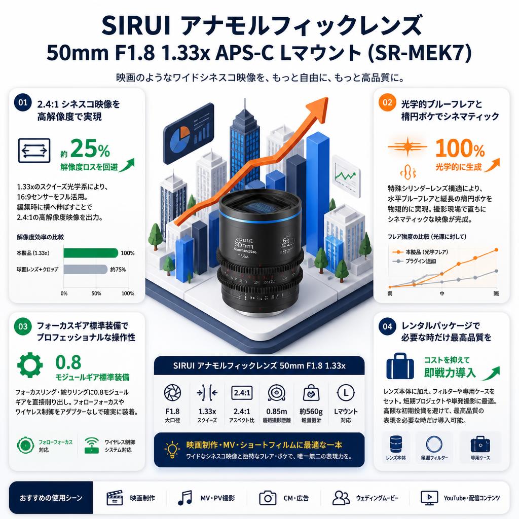 SIRUI アナモルフィックレンズ 50mm F1.8 1.33x APS-C Lマウント ( SR-MEK7 ) セールスポイント