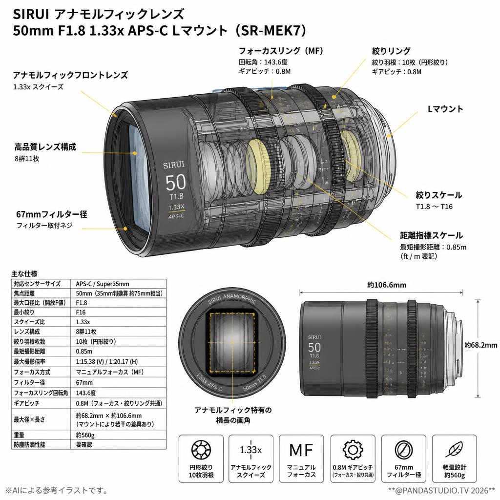 SIRUI アナモルフィックレンズ 50mm F1.8 1.33x APS-C Lマウント ( SR-MEK7 ) スペック