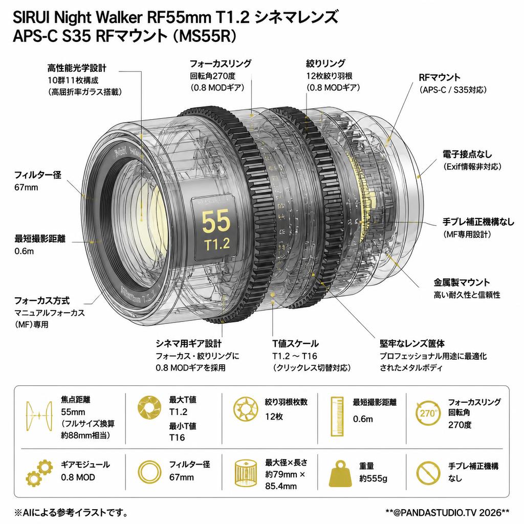 SIRUI Night Walker RF55mm T1.2 シネマレンズ APS-C S35 RFマウント ( MS55R ) スペック