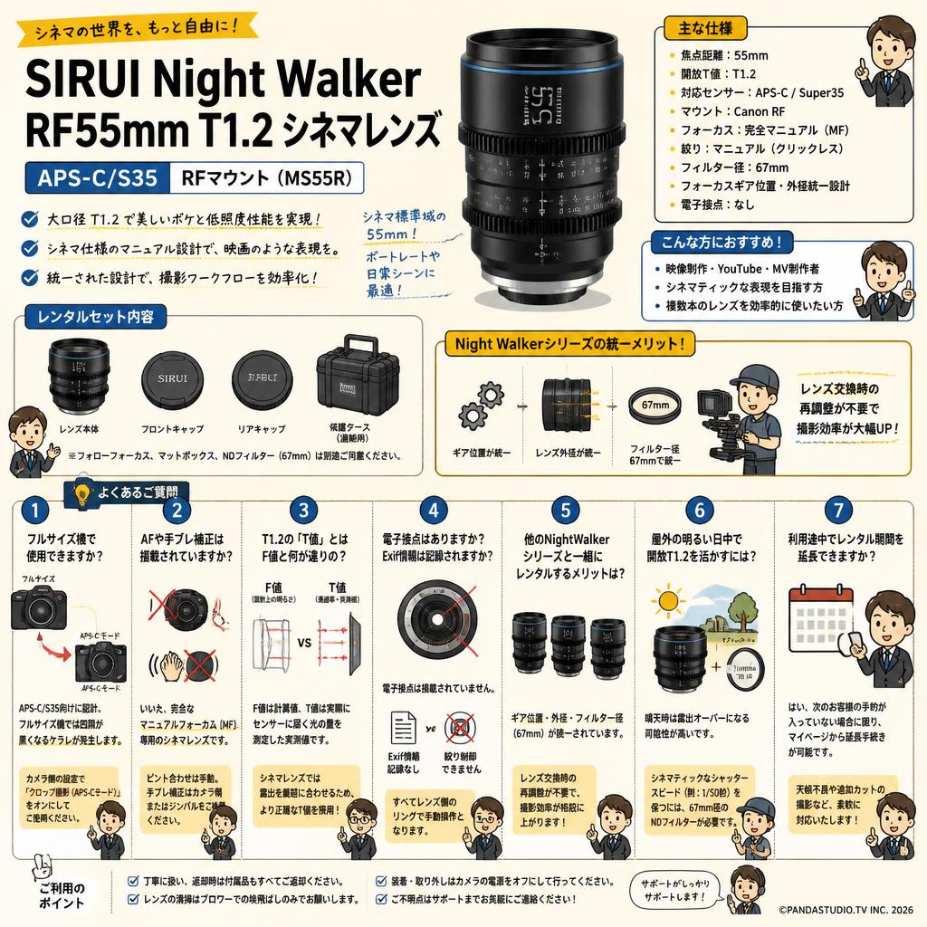 SIRUI Night Walker RF55mm T1.2 シネマレンズ APS-C S35 RFマウント ( MS55R ) FAQ（よくある質問と答え）