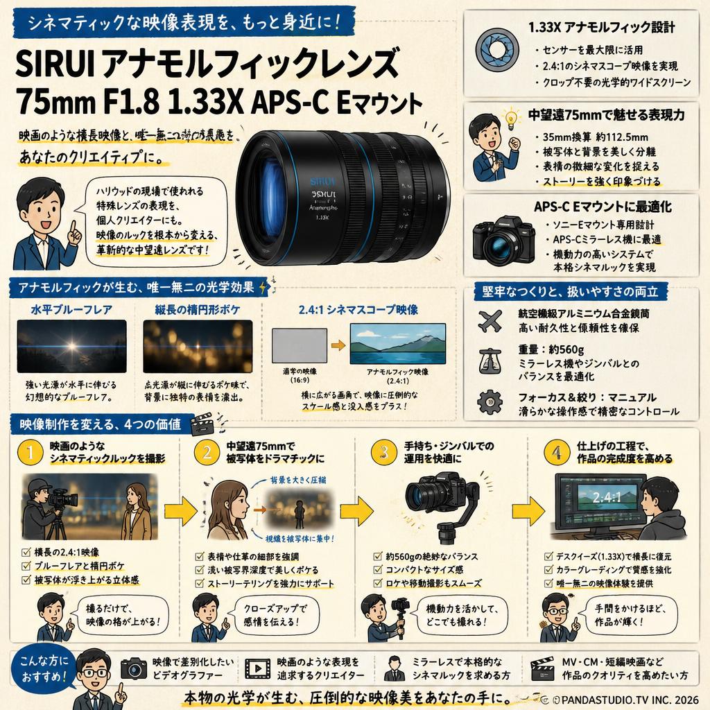 SIRUI アナモルフィックレンズ 75mm F1.8 1.33X APS-C Eマウント 概要