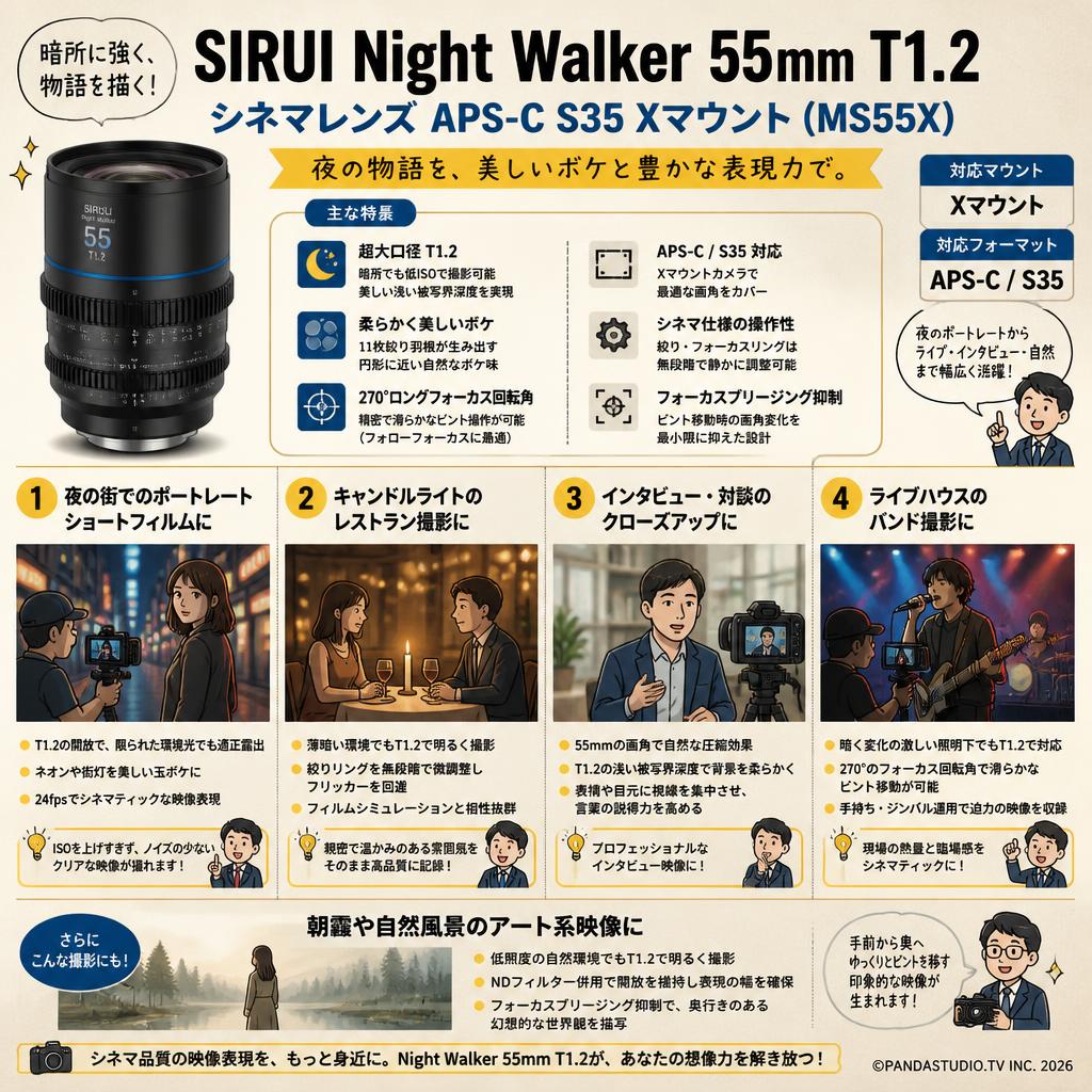 SIRUI Night Walker 55mm T1.2 シネマレンズ APS-C S35 Xマウント ( MS55X ) 用途