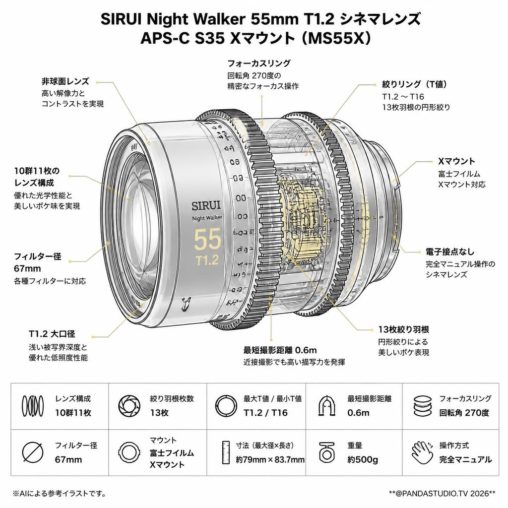 SIRUI Night Walker 55mm T1.2 シネマレンズ APS-C S35 Xマウント ( MS55X ) スペック