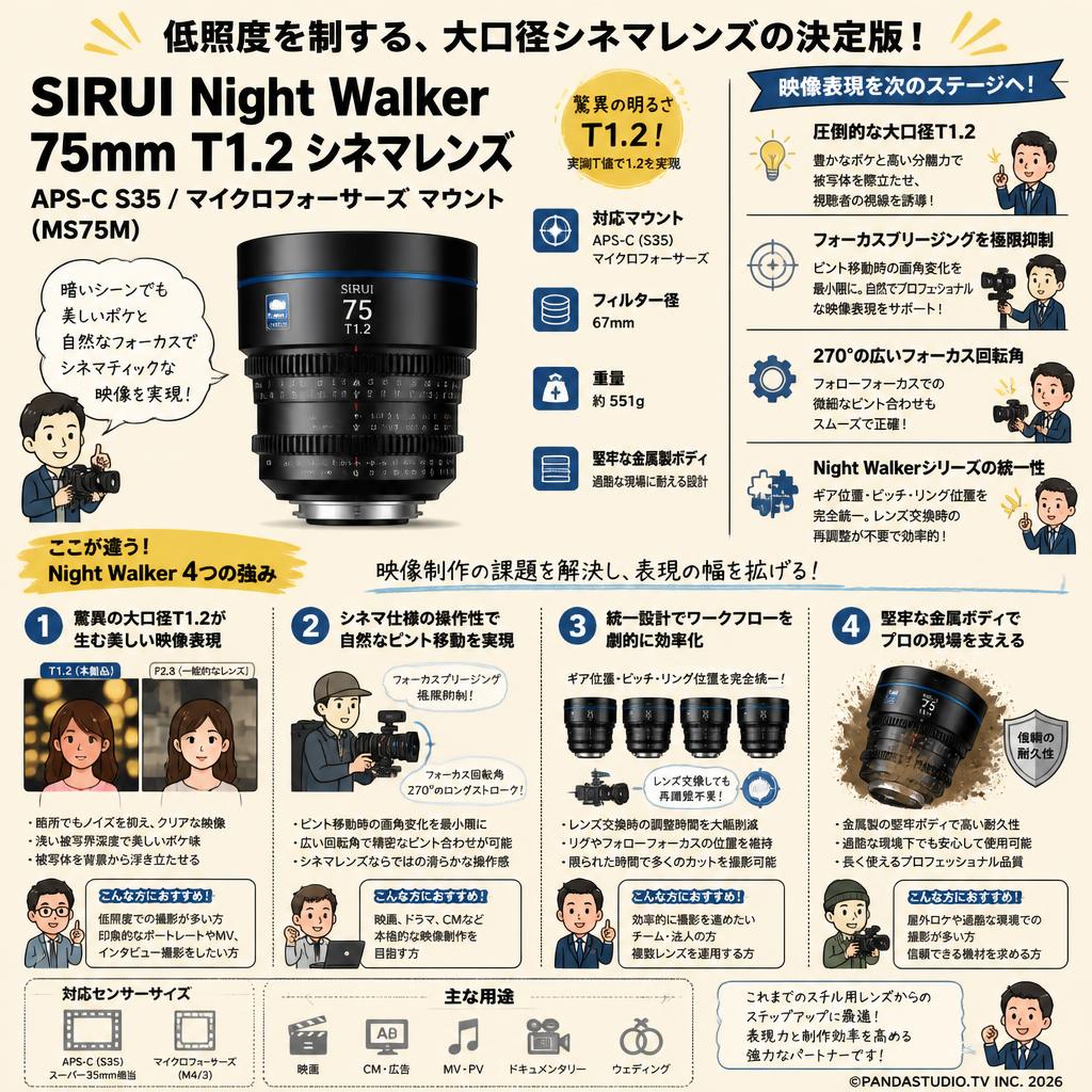 SIRUI Night Walker 75mm T1.2 シネマレンズ APS-C S35 マイクロフォーサーズ マウント ( MS75M ) 概要