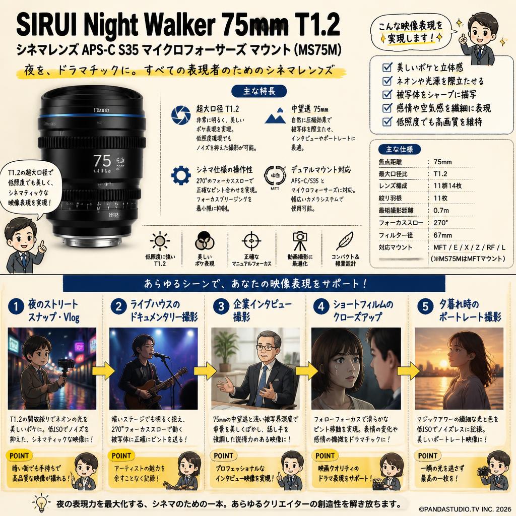 SIRUI Night Walker 75mm T1.2 シネマレンズ APS-C S35 マイクロフォーサーズ マウント ( MS75M ) 用途