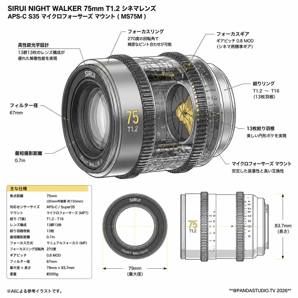 SIRUI Night Walker 75mm T1.2 シネマレンズ APS-C S35 マイクロフォーサーズ マウント ( MS75M ) スペック