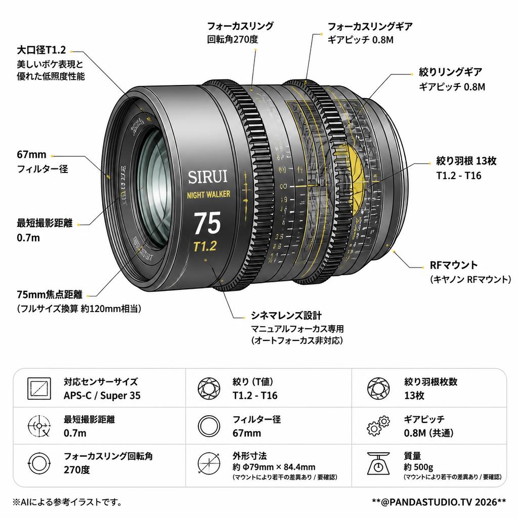 SIRUI Night Walker RF75mm T1.2 シネマレンズ APS-C S35 RFマウント ( MS75R ) スペック