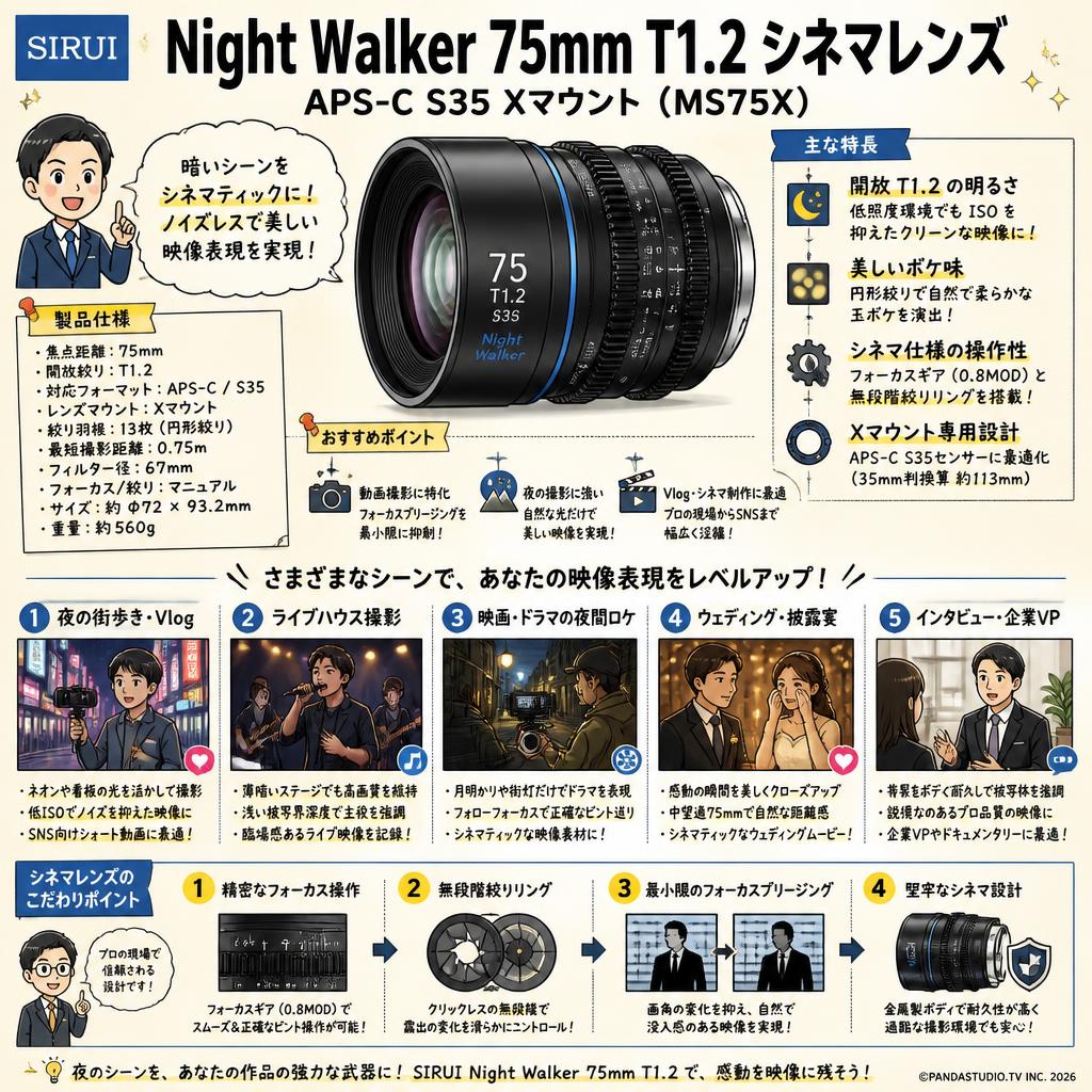 SIRUI Night Walker 75mm T1.2 シネマレンズ APS-C S35 Xマウント ( MS75X ) 用途
