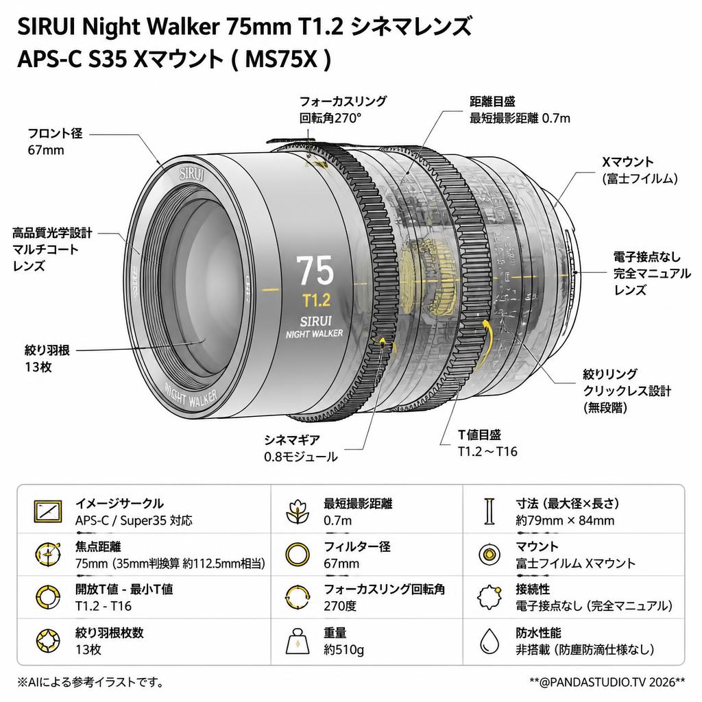 SIRUI Night Walker 75mm T1.2 シネマレンズ APS-C S35 Xマウント ( MS75X ) スペック