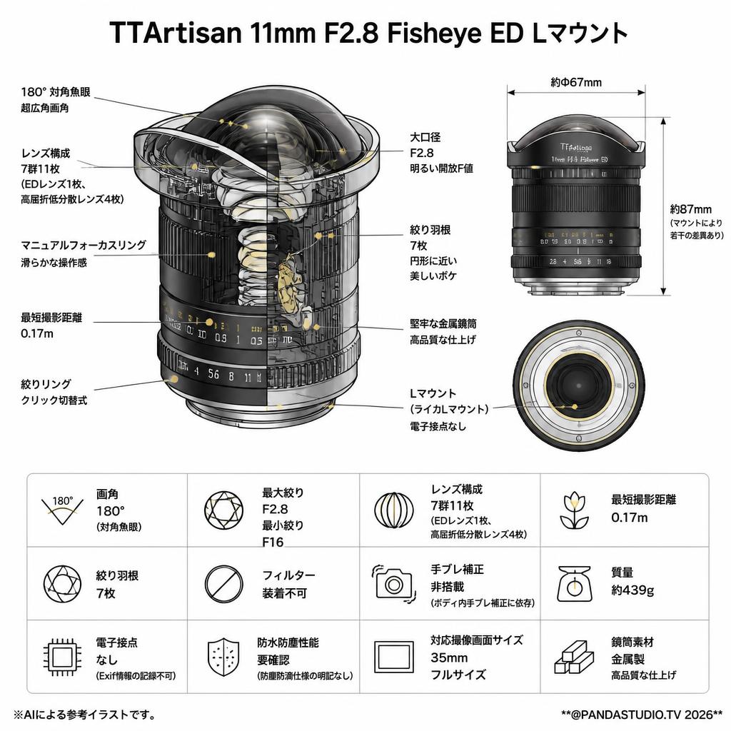 TTArtisan 11mm F2.8 Fisheye ED Lマウント スペック