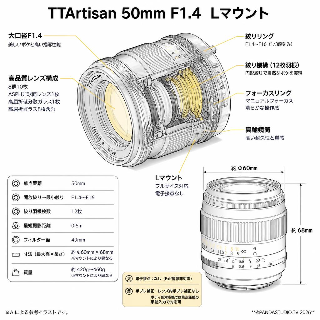 TTArtisan 50mm F1.4  Lマウント スペック