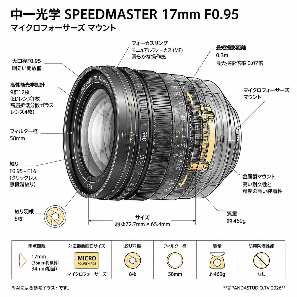 中一光学 SPEEDMASTER 17mm F0.95 マイクロフォーサーズ マウント スペック