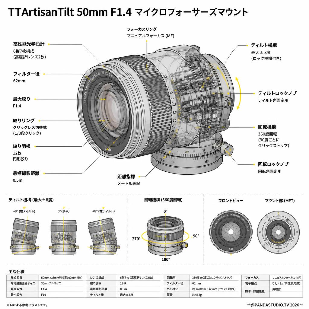 TTArtisanTilt 50mm F1.4 マイクロフォーサーズマウント スペック