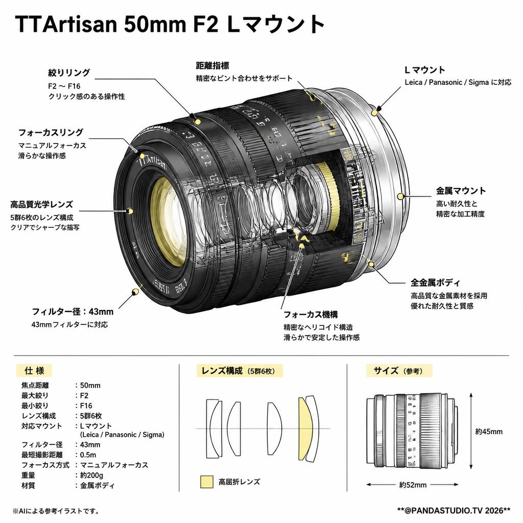 TTArtisan 50mm F2 Lマウント スペック