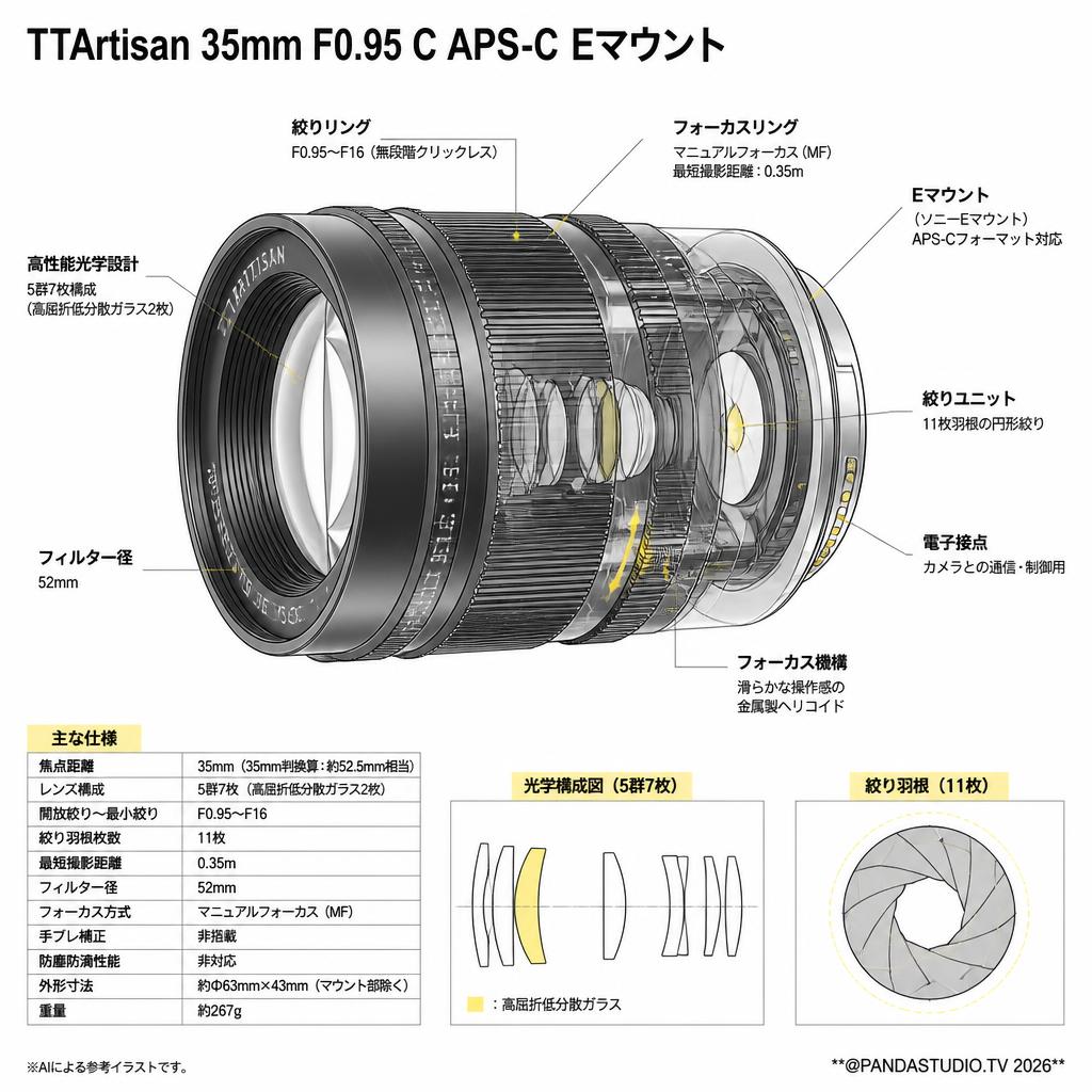 TTArtisan 35mm F0.95 C APS-C  Eマウント スペック