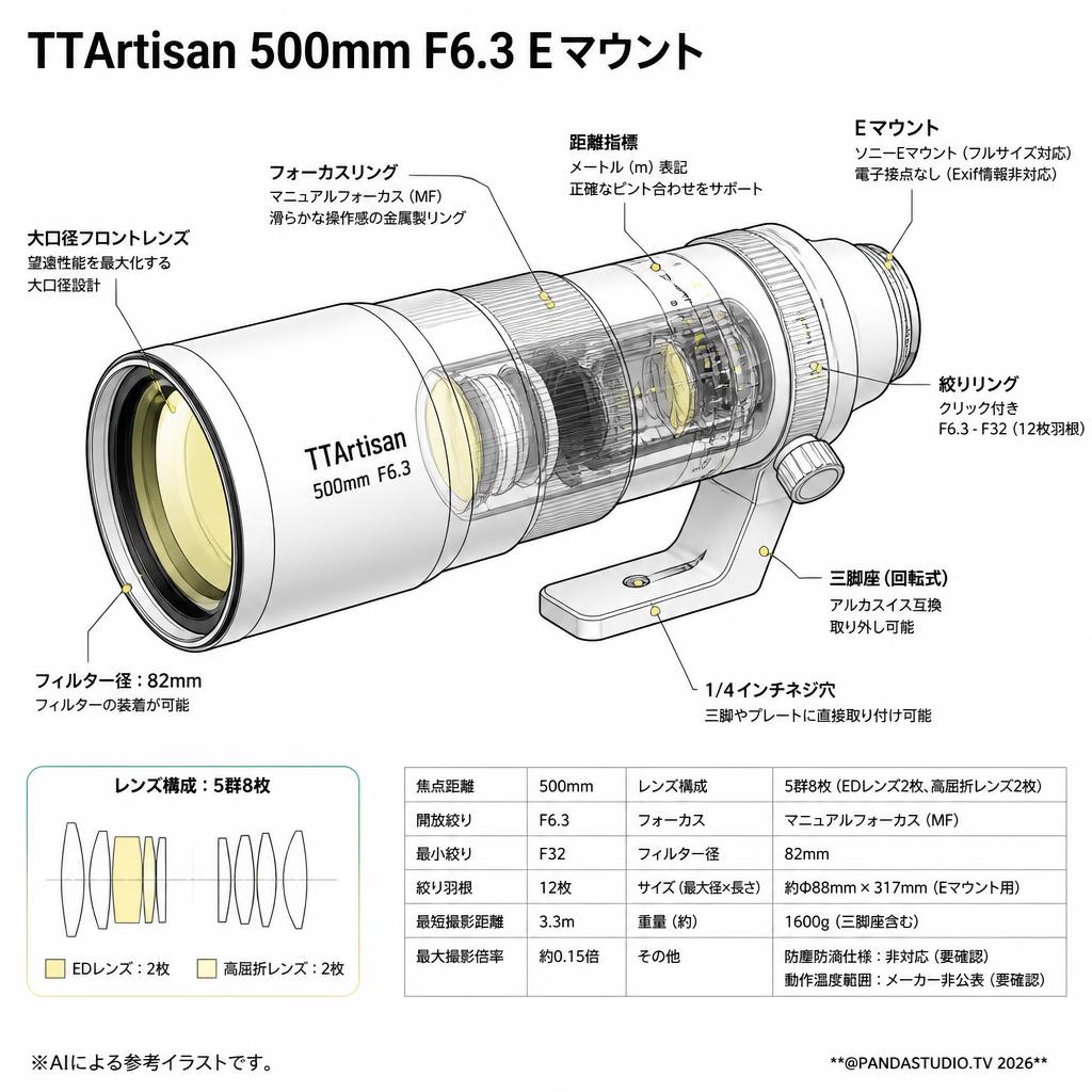 TTArtisan 500mm F6.3 Eマウント スペック