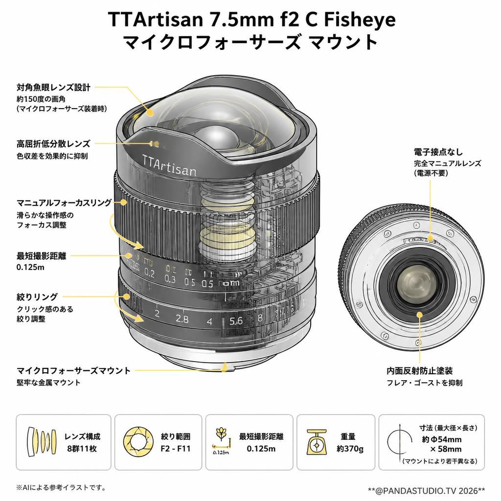 TTArtisan 7.5mm f2 C Fisheye マイクロフォーサーズ マウント スペック