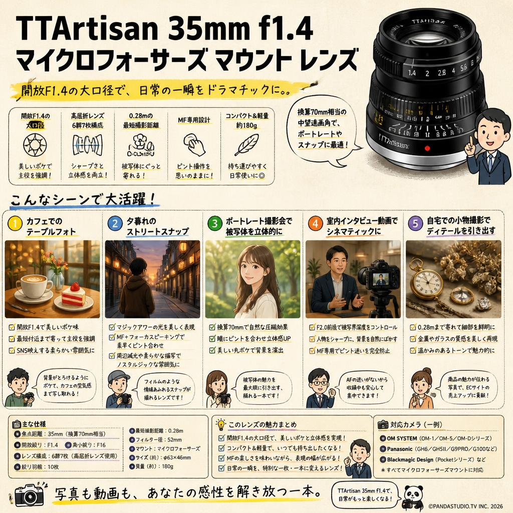 TTArtisan 35mm f1.4 マイクロフォーサーズ マウント レンズ 用途