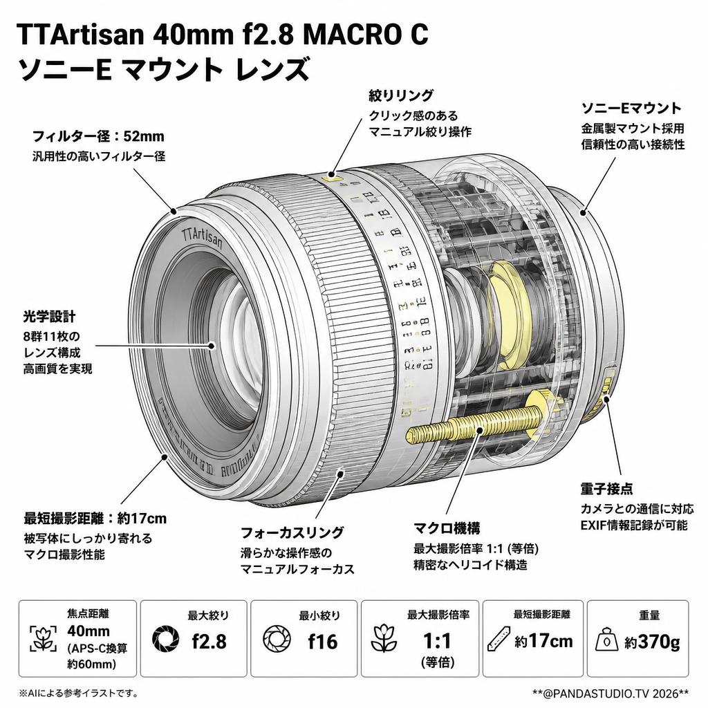 TTArtisan 40mm f2.8 MACRO C ソニーE マウント レンズ スペック