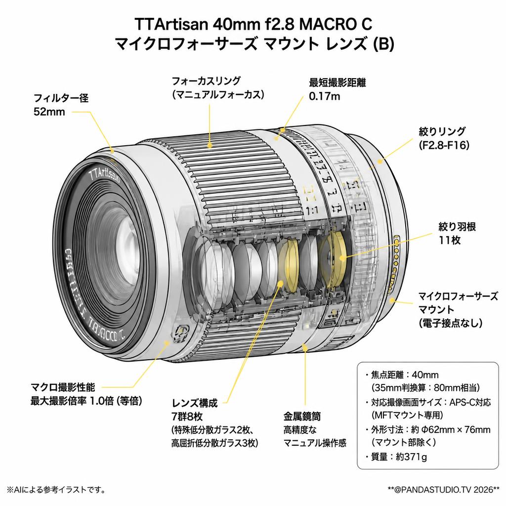TTArtisan 40mm f2.8 MACRO C  マイクロフォーサーズ マウント レンズ (B) スペック