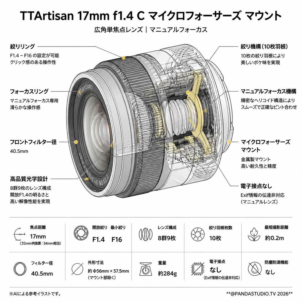 TTArtisan 17mm f1.4 C マイクロフォーサーズ マウント スペック