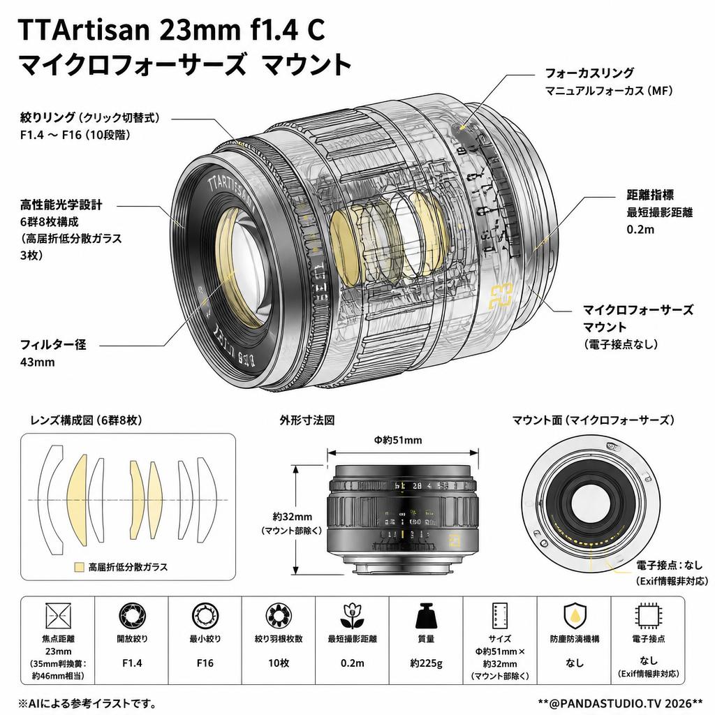 TTArtisan 23mm f1.4 C マイクロフォーサーズ マウント スペック