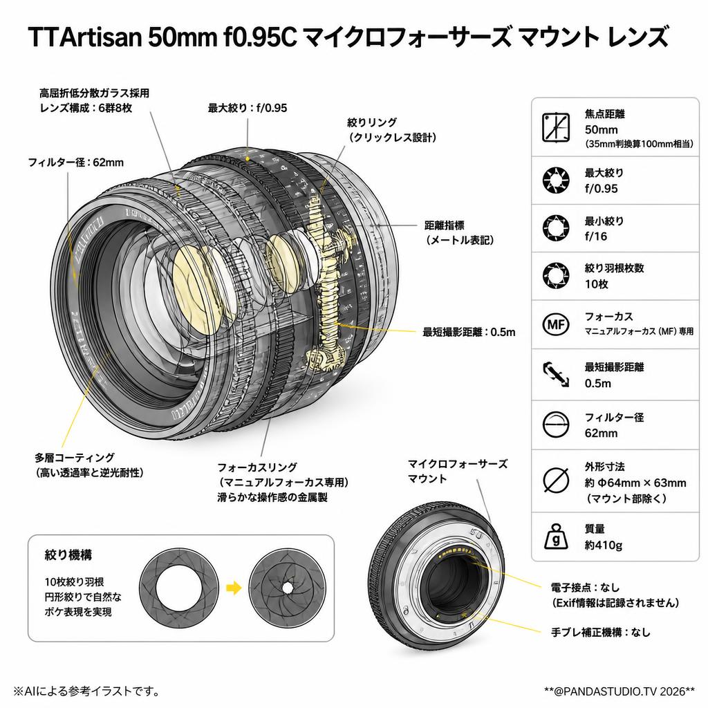 TTArtisan 50mm f0.95C マイクロフォーサーズ マウント レンズ スペック