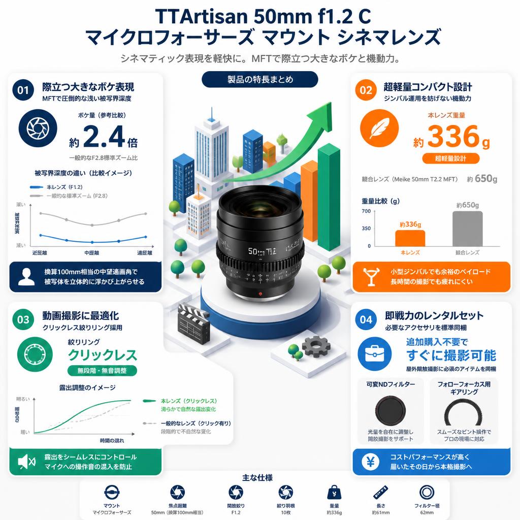 TTArtisan 50mm f1.2 C マイクロフォーサーズ マウント シネマレンズ セールスポイント