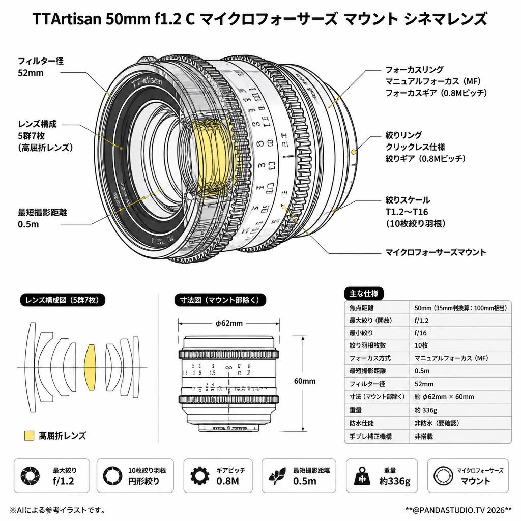 TTArtisan 50mm f1.2 C マイクロフォーサーズ マウント シネマレンズ スペック