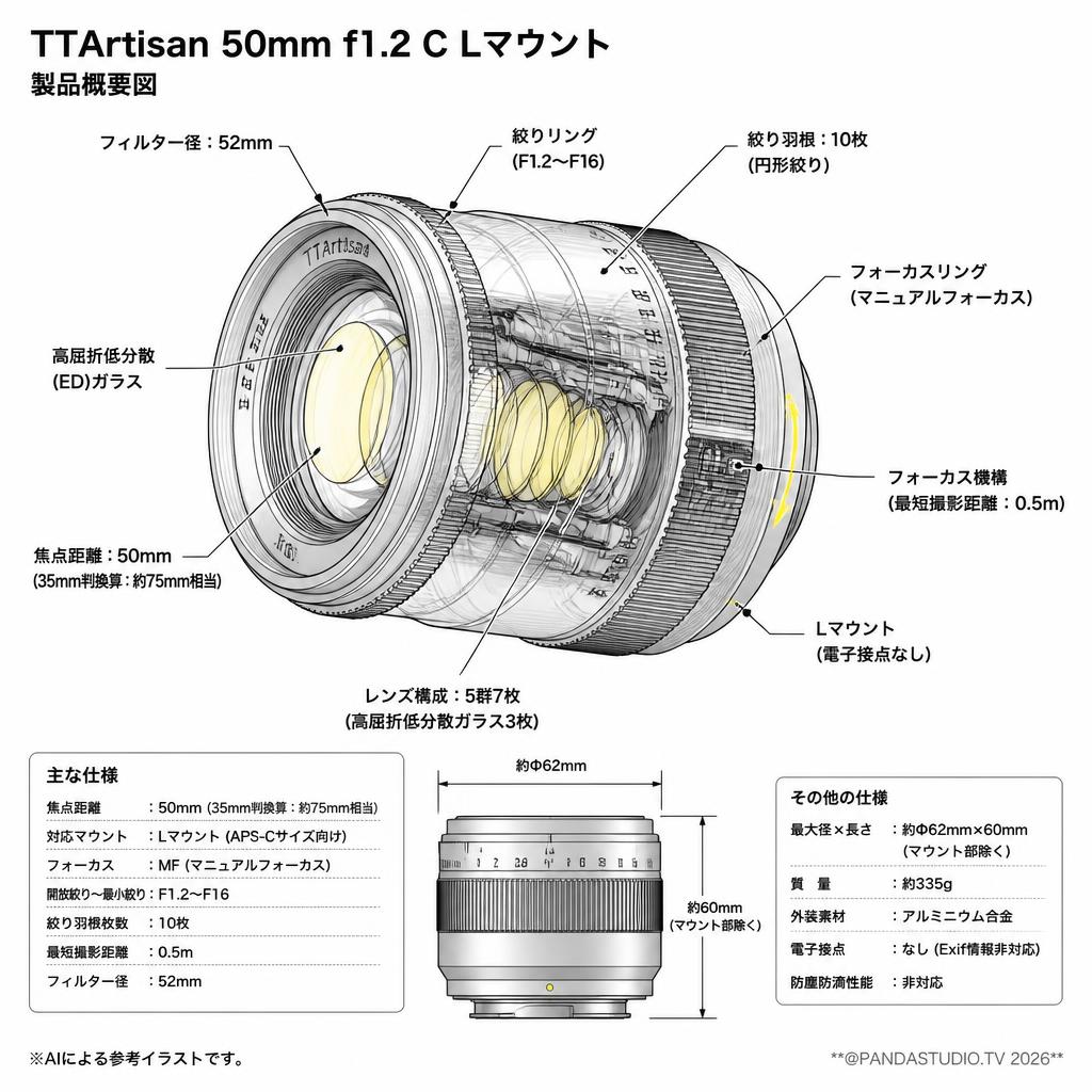TTArtisan 50mm f1.2 C Lマウント スペック