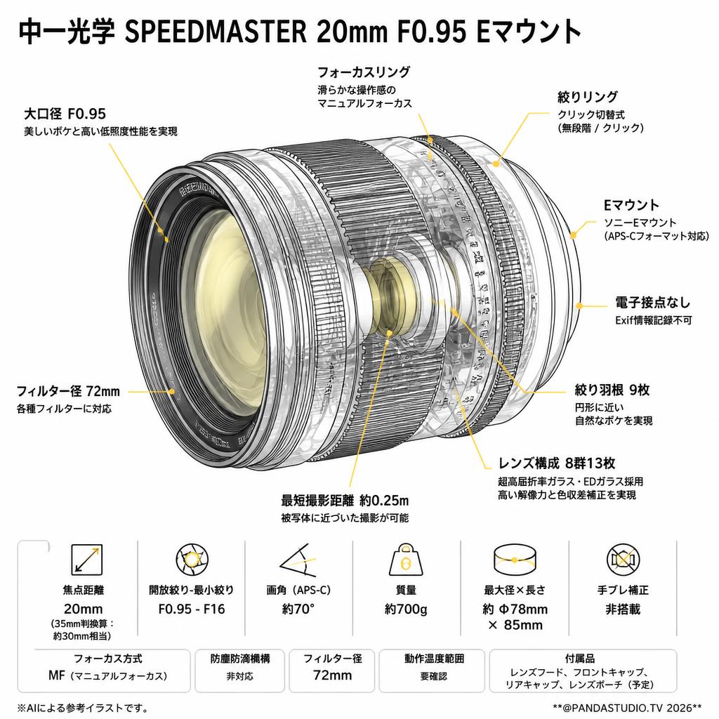 中一光学 SPEEDMASTER 20mm F0.95 Eマウント スペック