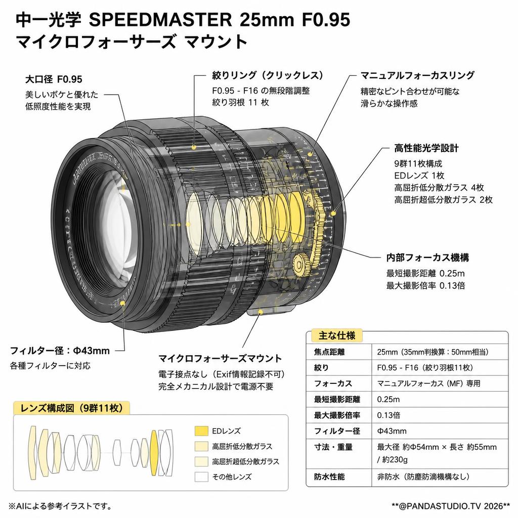 中一光学 SPEEDMASTER 25mm F0.95 マイクロフォーサーズ マウント スペック