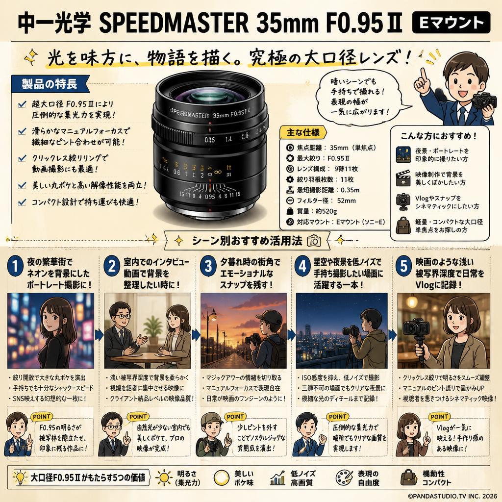 中一光学 SPEEDMASTER 35mm F0.95Ⅱ Eマウント 用途