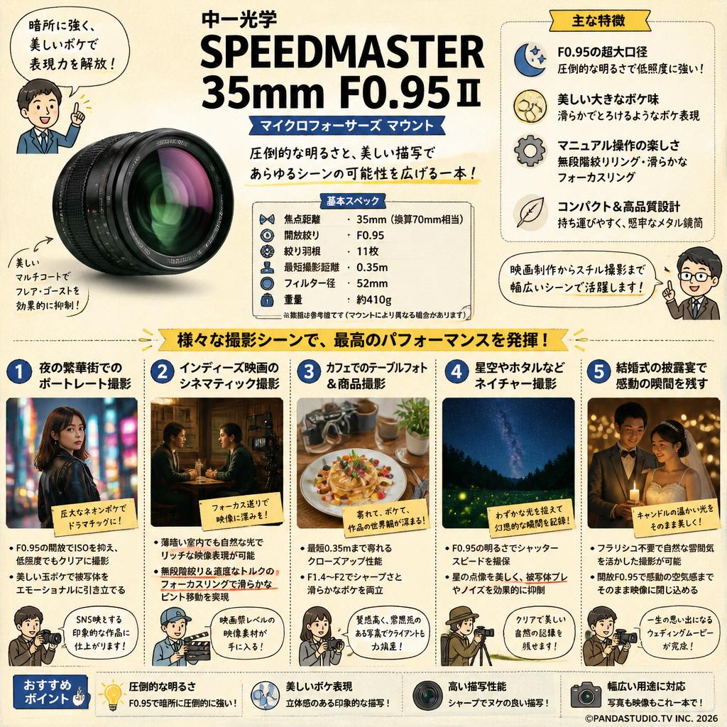 中一光学 SPEEDMASTER 35mm F0.95Ⅱ  マイクロフォーサーズ マウント 用途