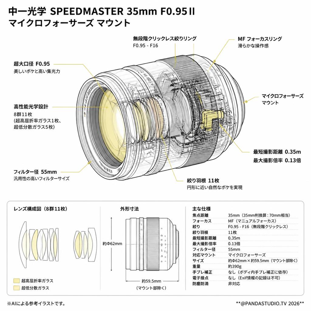 中一光学 SPEEDMASTER 35mm F0.95Ⅱ  マイクロフォーサーズ マウント スペック