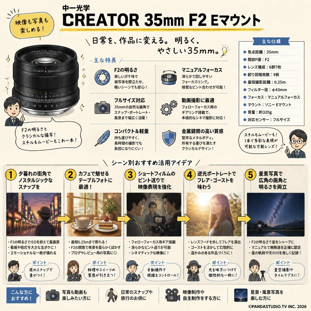 中一光学 CREATOR 35mm F2 Eマウント 用途