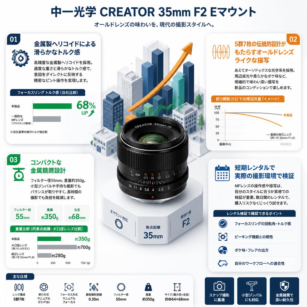 中一光学 CREATOR 35mm F2 Eマウント セールスポイント