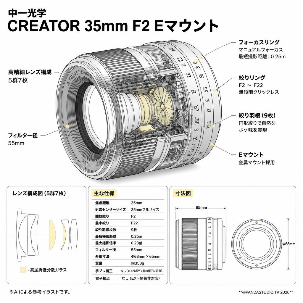 中一光学 CREATOR 35mm F2 Eマウント スペック