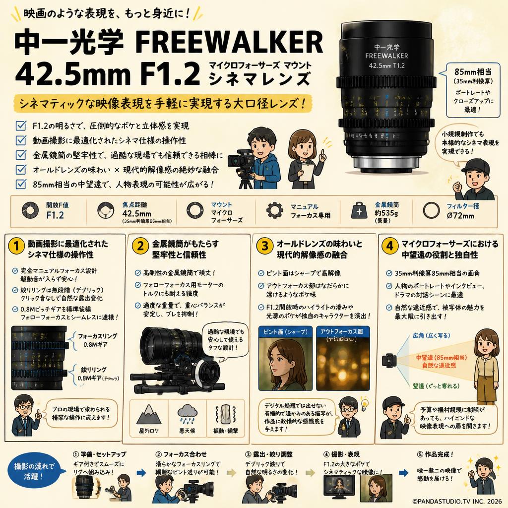 中一光学 FREEWALKER 42.5mm F1.2 マイクロフォーサーズ マウント シネマレンズ 概要