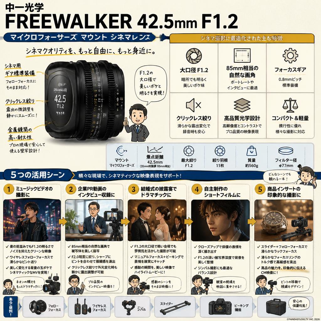 中一光学 FREEWALKER 42.5mm F1.2 マイクロフォーサーズ マウント シネマレンズ 用途